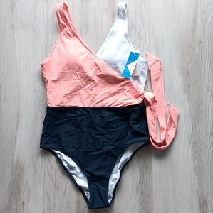 New Felnart Swim Suit One-Piece Tank Built-in Bra Sport Blue Pink White Large